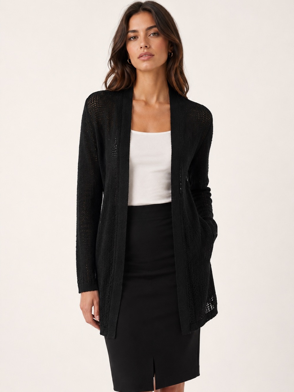 Theory Black Open Knit Long Cardigan Sz Small